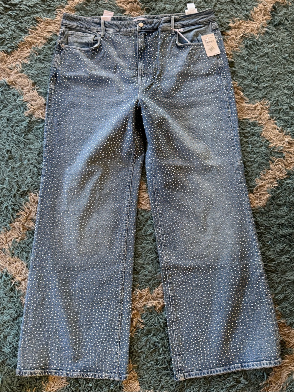 Good American Good Ease Relaxed Wide-Leg Rhinestone Jeans NWT